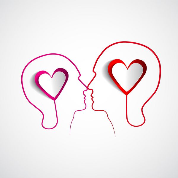 دو سر انسان با قلب های قرمز کاغذی - عشق و رابطه