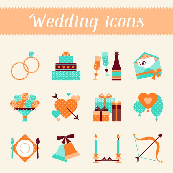 مجموعه ای از نمادهای عروسی رترو و عناصر طراحی