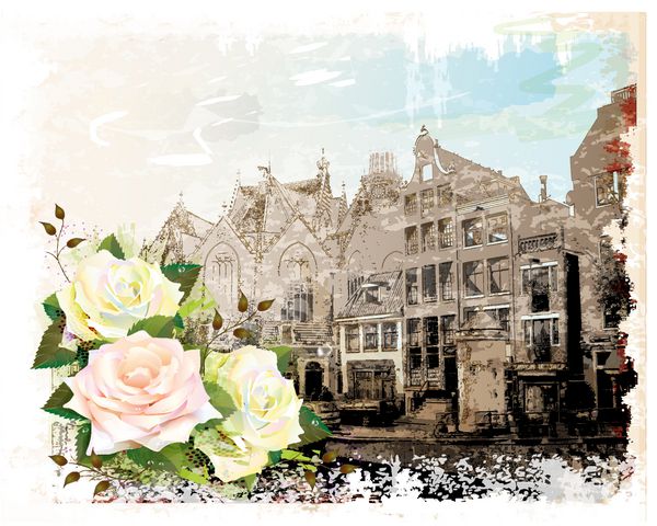تصویری قدیمی از خیابان آمستردام و گل رز آبرنگ اس