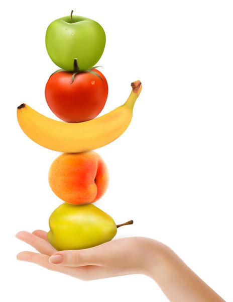 گروه میوه های تازه با دست مفهوم رژیم غذایی بردار