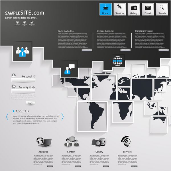 طراحی قالب وب سایت انتزاعی تجاری با نقشه جهان مربع