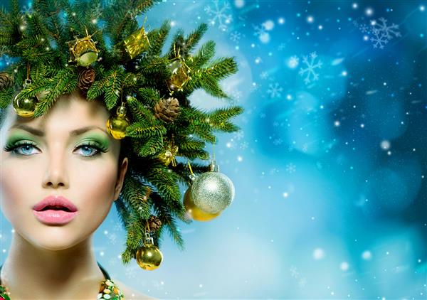 زن کریسمس مدل موهای جشن درخت کریسمس و آرایش