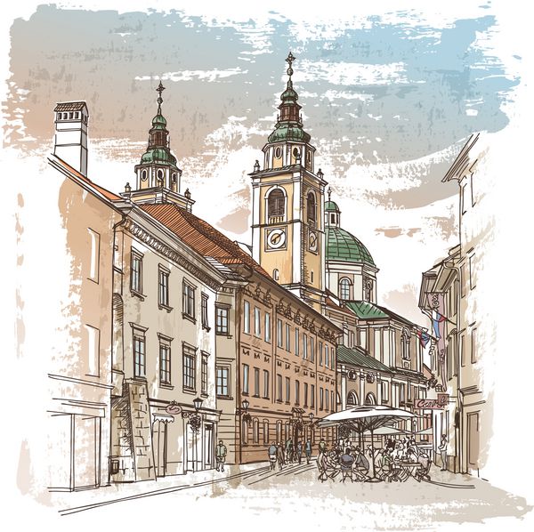 طراحی وکتور خیابان مرکزی شهر قدیمی اروپا