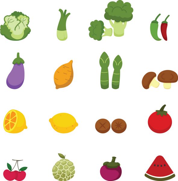 نمادهای سبزیجات و میوه ها جدا شده در پس زمینه سفید