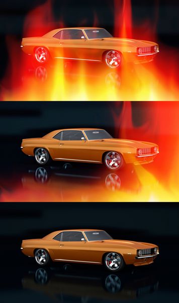 ماشین قدیمی در شعله های آتش