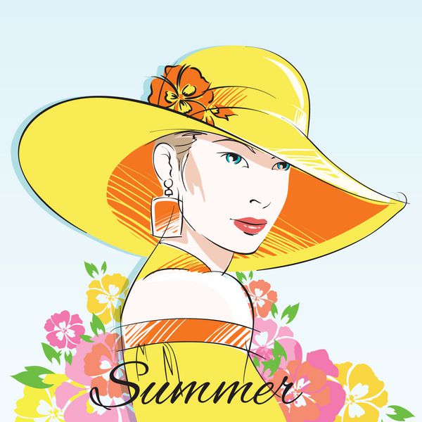 دختر مد تابستانی با کلاه زرد