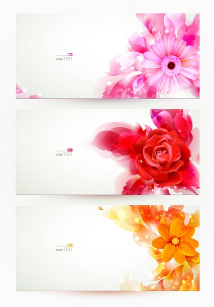 مجموعه ای از سه بنر سربرگ های انتزاعی با گل و لکه های هنری