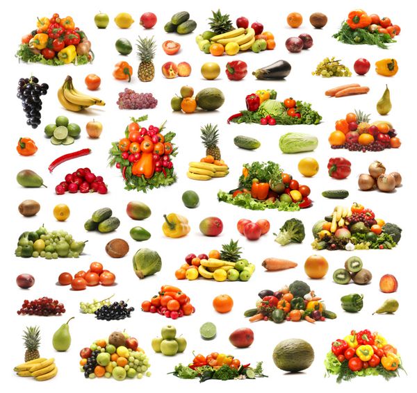 میوه ها و سبزیجات مختلف جدا شده روی سفید