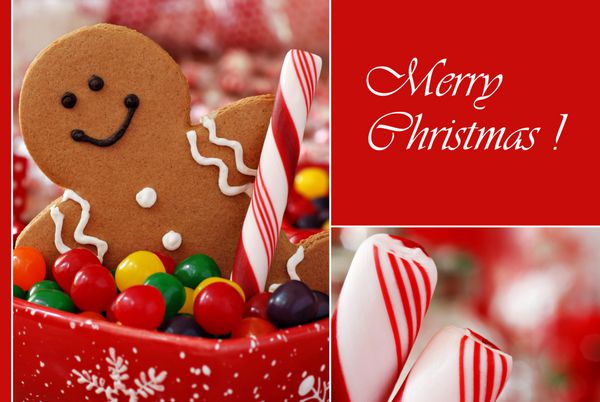 کارت تبریک کریسمس با تصاویر ماکرو مرد شیرینی زنجفیلی خندان با آب نبات و چوب نعناع با دف کم عمق در پس زمینه قرمز متن روی رنگ ثابت و به راحتی حذف یا تکرار می شود