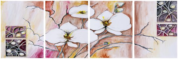 پانل چهار نقاشی - درخت گیلاس شکوفه - جدا شده تصویر نقاشی آبرنگ دست ساز در زمینه هنری کاغذ سفید