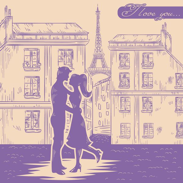 کارت پستال رترو عاشقانه با زوج شاد عاشق در پس زمینه خیابان پاریس