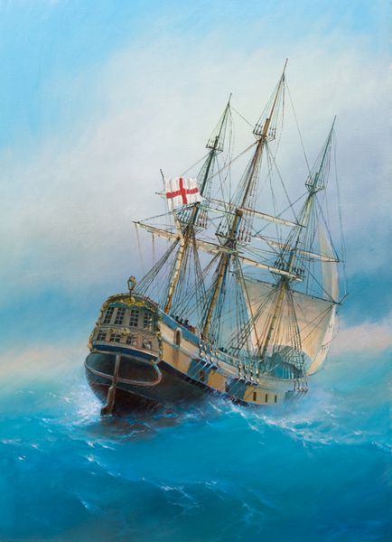 رنگ آمیزی روغن روی بوم یک کشتی بادبانی قرن نوزدهم را نشان می دهد این نقاشی در سال 2008 خلق شده است