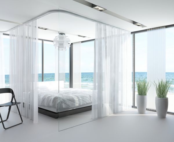 رندر سه بعدی از فضای داخلی اتاق خواب سفید با تخت بزرگ
