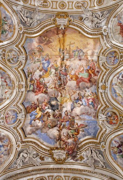 پالرمو - 8 آوریل نقاشی دیواری il trionfo di santa caterina 1744 توسط فیلیپو راندازو از سقف کلیسای Oque chiesa di santa caterina ساخته شده در سال های 1566 - 1596 8 آوریل 2013 در پالرمو ایتالیا