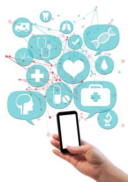 الگوی کسب و کار پزشکی یا داروسازی آنلاین دستی که تلفن همراه را در دست گرفته دکمه‌های حباب‌های اریب‌دار شفاف آبی روشن روی آن با نمادهای پزشکی شناور است