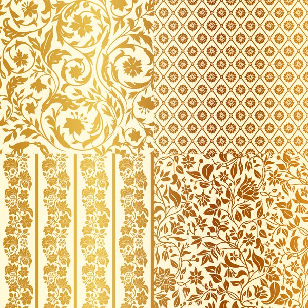 مجموعه ای از الگوهای پرنقش و بدون درز گل چهار در یک طلایی با بژ