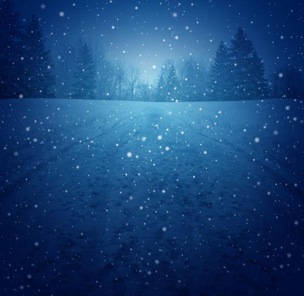 مفهوم منظره زمستانی به‌عنوان پس‌زمینه آبی برفی با جاده‌ای در پرسپکتیو با آثار پا که به جنگلی از درختان منتهی می‌شود به‌عنوان نماد فصلی جشن از یک صحنه تعطیلات آرام و سنتی