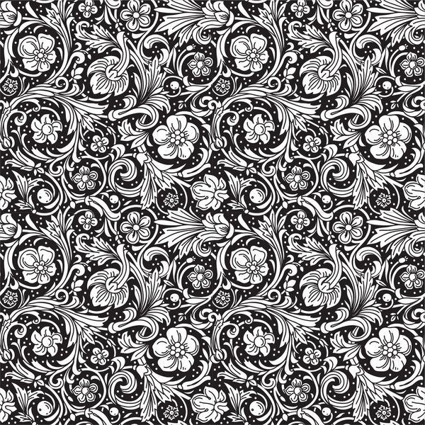 الگوی وکتور بدون درز زینتی سیاه و سفید به سبک اوکی گل‌ها و برگ‌های تلطیف‌شده را روی پس‌زمینه سیاه می‌بافید رنسانس