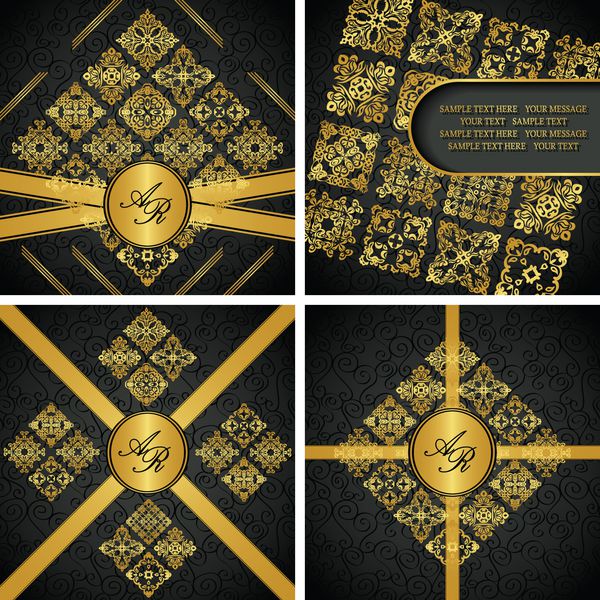 مجموعه ای از قاب های وینتیج و کارت های اصلی با دکوراسیون طلای قدیمی کاغذ دیواری بدون درز طراحی لوکس