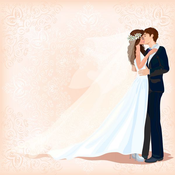داماد و نامزد یکدیگر را می بوسند پس زمینه با الگوهای تزئینی مناقصه دعوت به عروسی پستی بنر cmyk