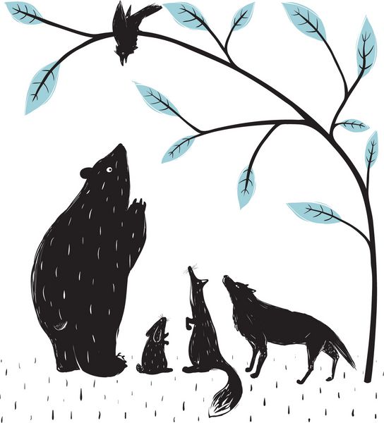 نشست خبری حیوانات جنگل خرس روباه گرگ خرگوش تصویر کلاغ سیاه و سفید وکتور