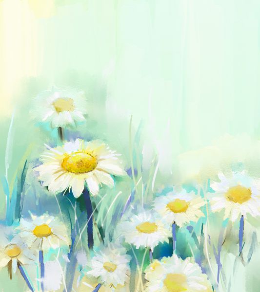 رنگ آمیزی روغن گل مروارید در مزرعه رنگ دست گلهای سفید گل رز ژربرا دیزی در رنگ ملایم در زمینه سبز آبی رنگ پس زمینه طبیعت فصلی گل بهاری