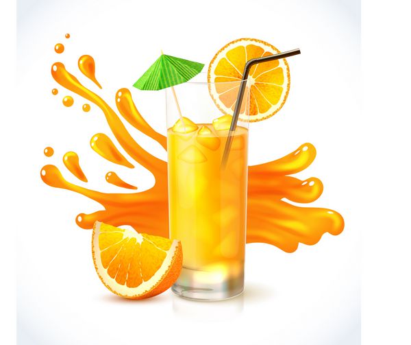 آب ویتامین پرتقال در شیشه با کاه و نماد چتر دم