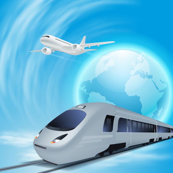 قطار پرسرعت و هواپیما در آسمان تصویر مفهومی سفر