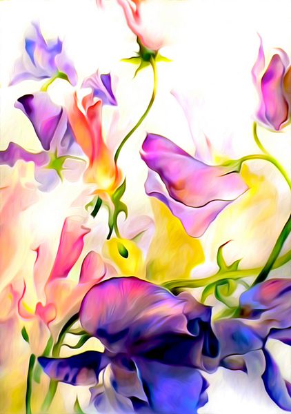 گل های رنگارنگ خارق العاده آبرنگ روی کاغذ با بافت دیجیتال