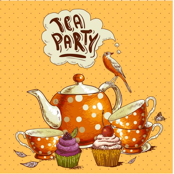 کارت دعوت مهمانی چای با فنجان کیک کوچک پرنده و قابلمه