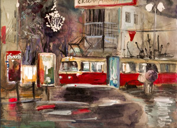 نمای شهر شبانه با پالت گرم مداد رنگی آبرنگ پوستر اثر هنری تصویری رنگی