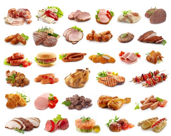 انواع مختلف فرآورده های گوشتی جدا شده روی سفید