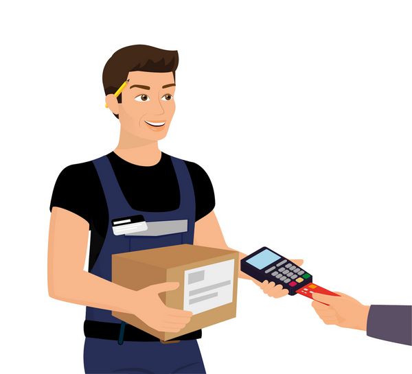 مرد خدمات تحویل پیک و پرداخت تلفن همراه برای سفارش با کارت اعتباری از طریق ترمینال خرید