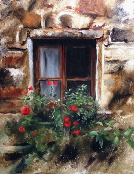 نقاشی رنگ روغن جعبه گل پنجره اروپایی
