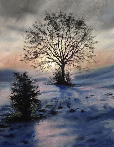 نقاشی غروب آفتاب درخت زمستان