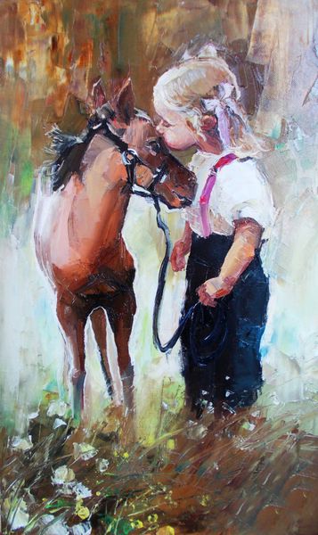 نقاشی رنگ روغن دختربچه در حال نوازش اسب بهترین دوستش در حومه شهر در فضای باز
