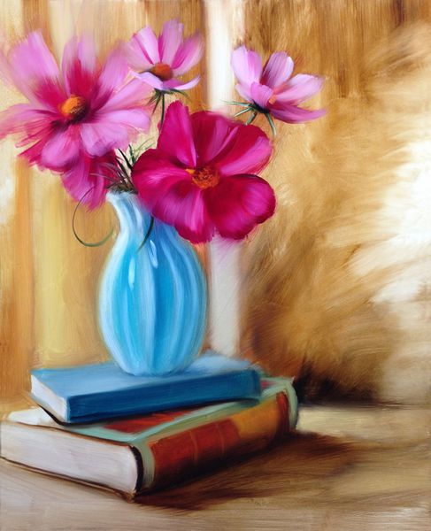 دکوراسیون منزل گل گلدان فیروزه ای کتاب نقاشی رنگ روغن