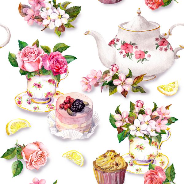 الگوی چایخوری با گل در فنجان چای کیک و قوری رنگ آب پس زمینه بدون درز