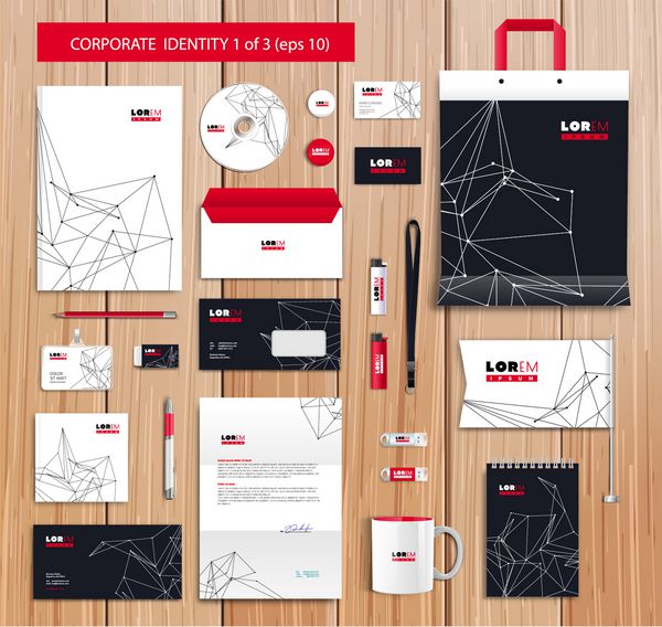 طراحی قالب شناسه شرکتی سفید با عناصر انتزاعی سیاه سفید قرمز اسناد برای تجارت قسمت 10