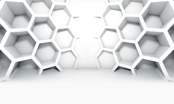 فضای داخلی متقارن سفید انتزاعی با ساختارهای لانه زنبوری روی دیوار تصویر سه بعدی