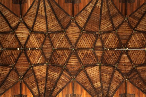 سقف طاقدار چوبی گوتیک در گروت کرک کلیسای بزرگ در گروت مارکت در هارلم هلند شمالی هلند