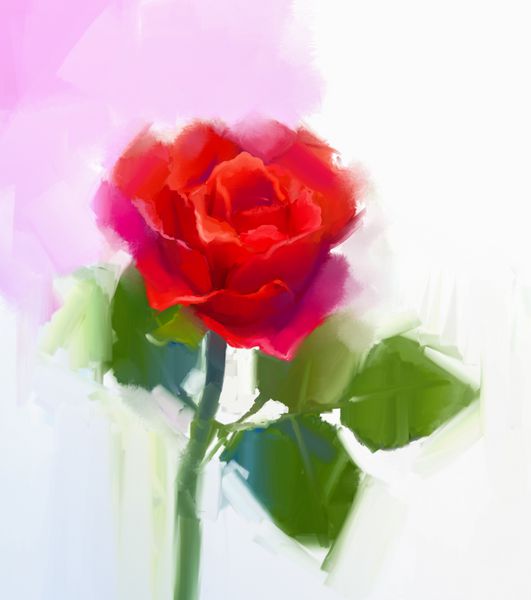 نقاشی رنگ روغن گل رز قرمز با برگ سبز نقاشی دستی گلدار در رنگ ملایم و پس زمینه تار نقاشی گل قرمز برای کارت تبریک