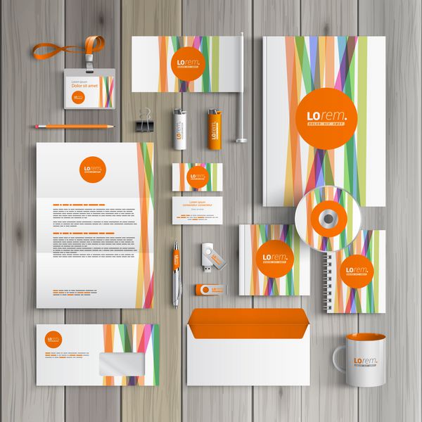 طراحی قالب هویت شرکتی سفید با خطوط رنگی و شکل نارنجی لوازم التحریر تجاری