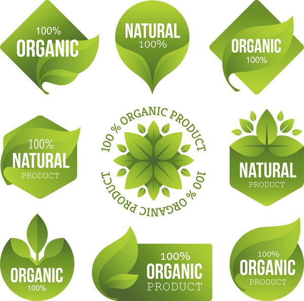 مجموعه ای از برچسب های سبز روشن با برگ برای محصولات ارگانیک طبیعی زیست محیطی یا زیستی جدا شده در پس زمینه سفید