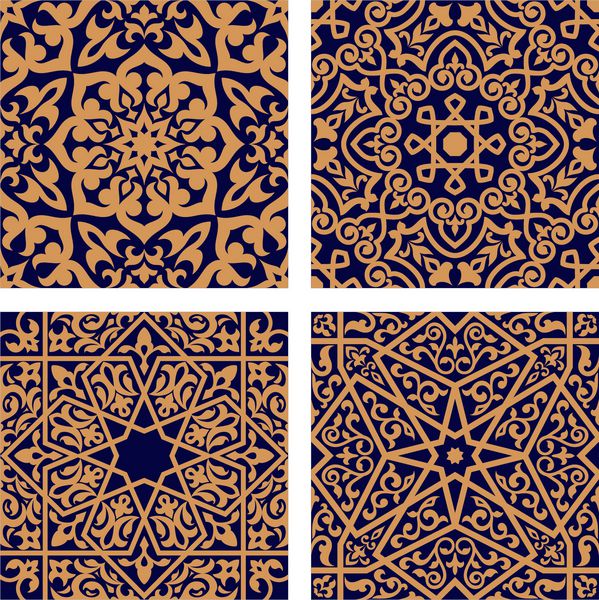 الگوهای هندسی بدون درز عربی با تزئینات نارنجی و عناصر شاخ و برگ در هم تنیده در پس زمینه نیلی تیره برای طرح دین یا کاشی