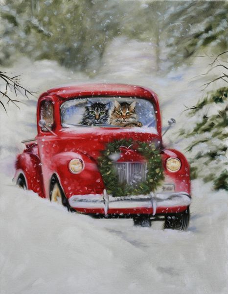 عاشقان گربه کریسمس در حال رانندگی با بچه گربه های عاشقانه با ماشین قرمز