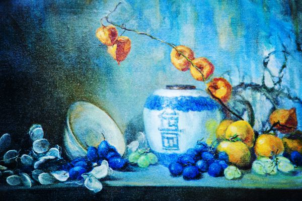نقاشی رنگ روغن میوه های بی جان کشیده شده