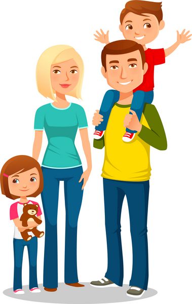 تصویر کارتونی یک خانواده شاد جوان با دو بچه