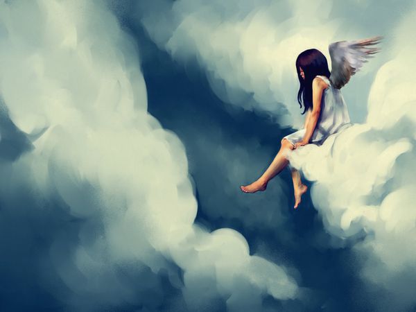 نقاشی فرشته زیبا روی ابر نشسته است