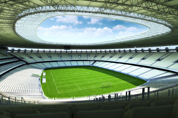 استادیوم خالی فوتبال با سقف باز تصویر سه بعدی واقع گرایانه
